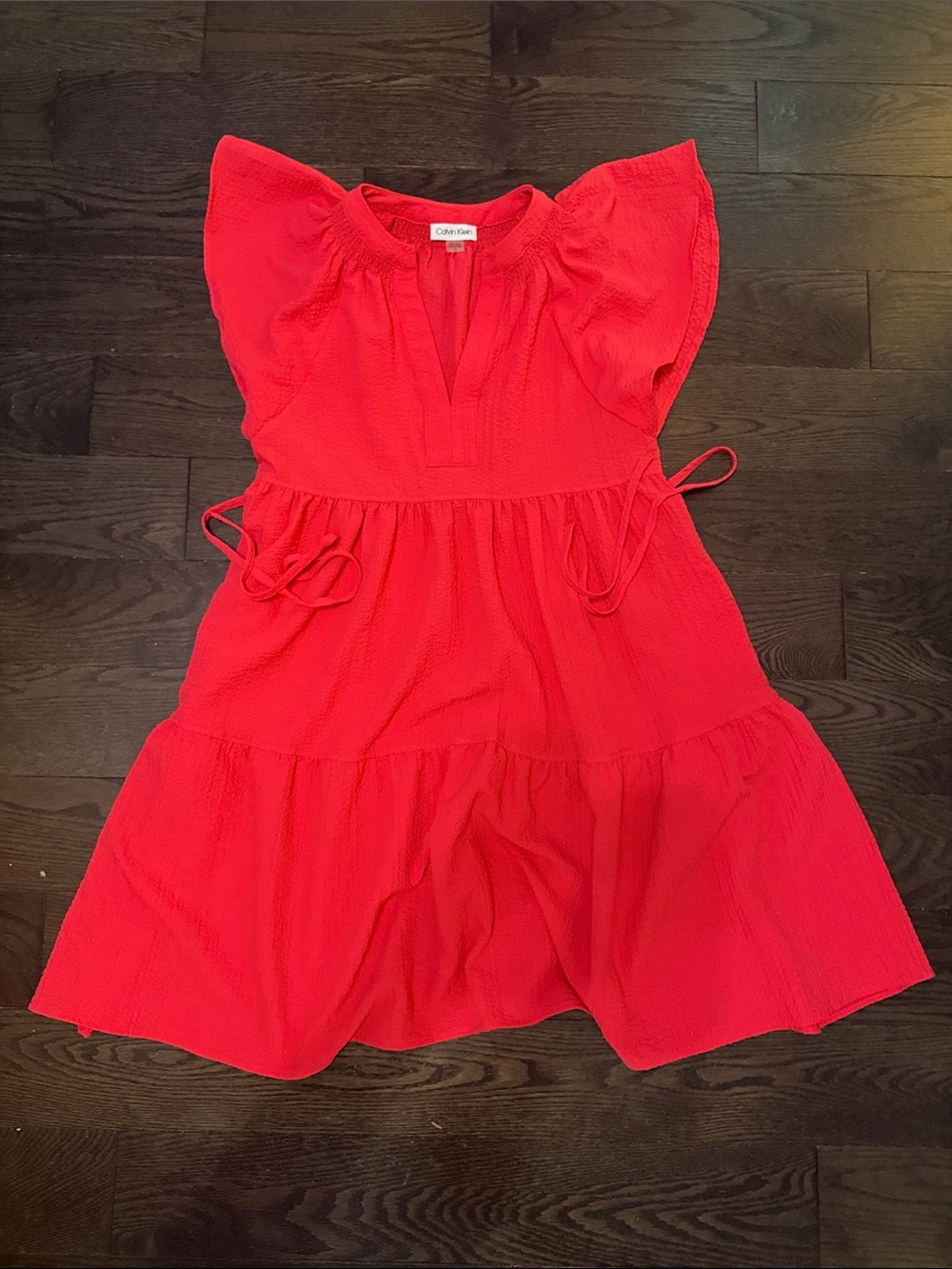Calvin Klein Bright Pink Tiered Flutter-Sleeve Dress